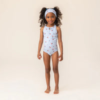 One Piece Blue Checkered Swimsuit