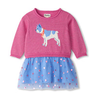 French Bulldog Drop Waist Sweater Knit Dress