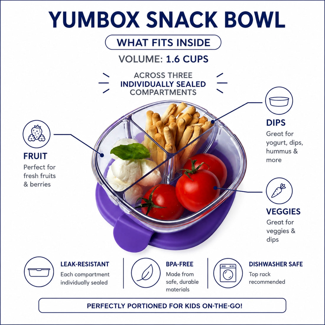 Compact Leakproof Snack Bowl with 3 Compartments