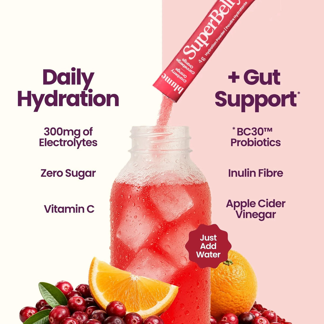 Cranberry Orange SuperBelly Water Elixirs with Prebiotics