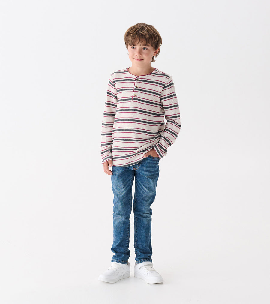 Oatmeal Melange Striped Waffle Henley