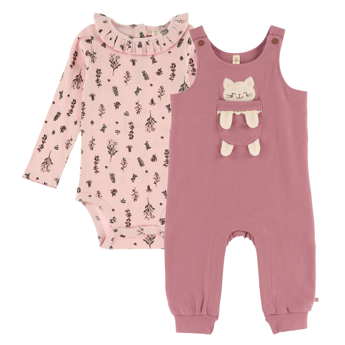 Baby 2-Piece Floral Bodysuit & Cat Overall Set