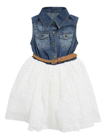 Girls Sleeveless Denim & Lace Dress