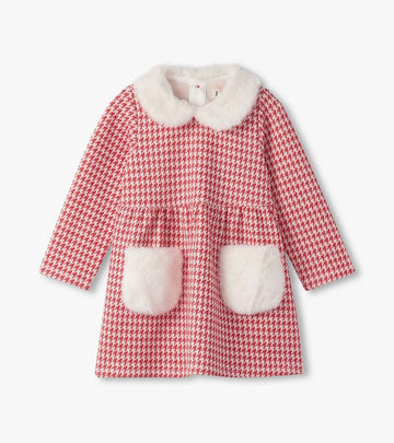 Red Houndstooth Fur Trim Dress