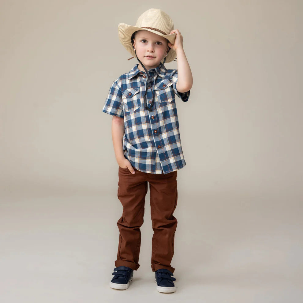 Boys' Blue Plaid Button Up Collared T-Shirt