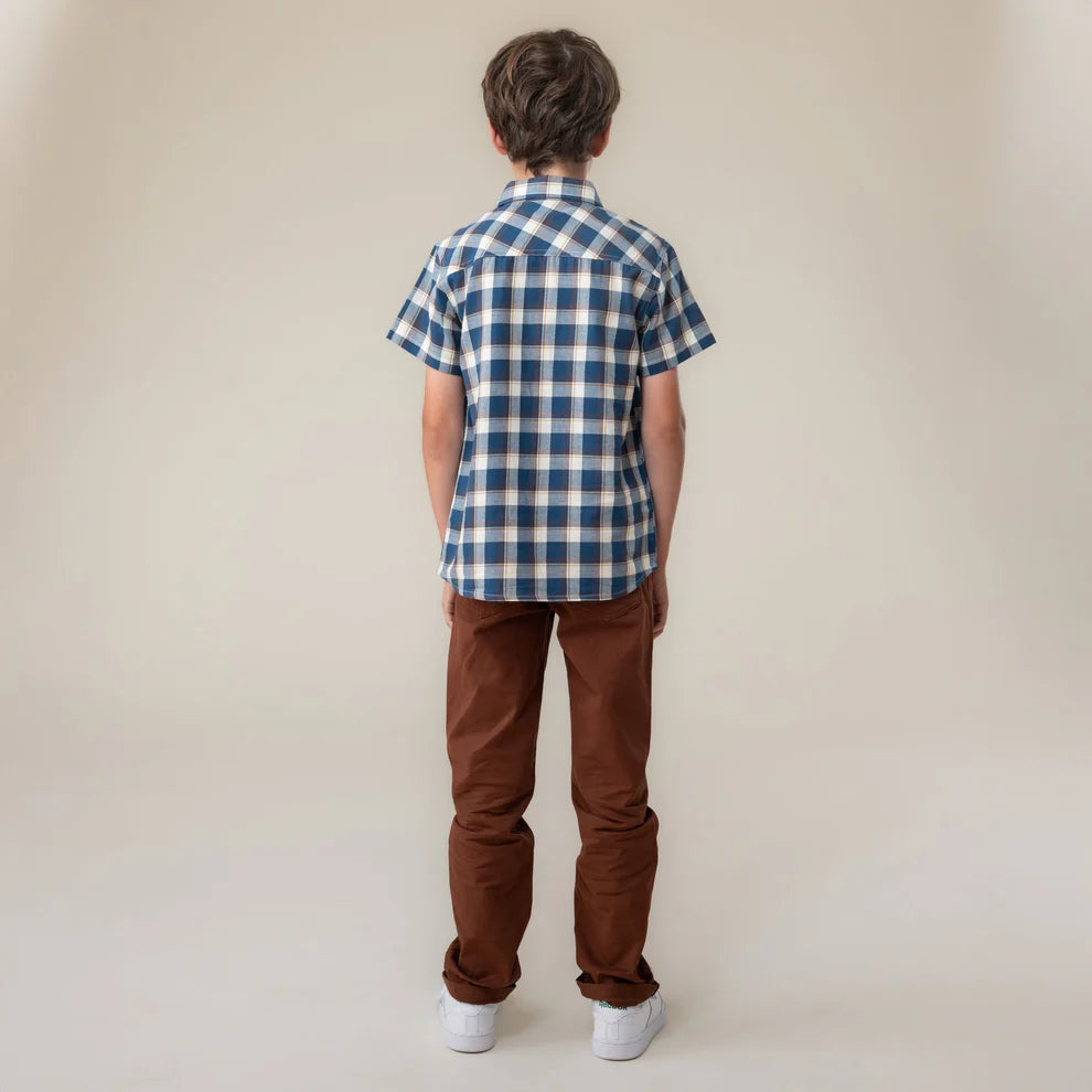 Boys' Blue Plaid Button Up Collared T-Shirt