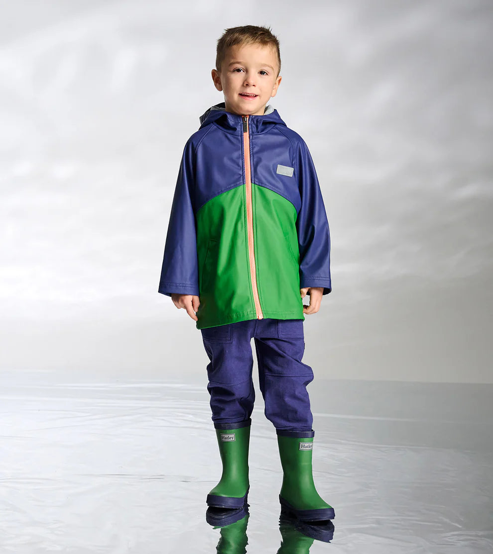 Boys Navy & Green Colourblock Rain Jacket