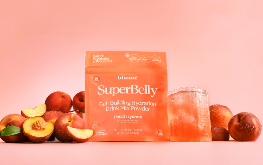 Peach Lychee SuperBelly Water Elixirs with Prebiotics