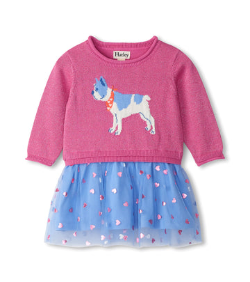 French Bulldog Drop Waist Sweater Knit Dress