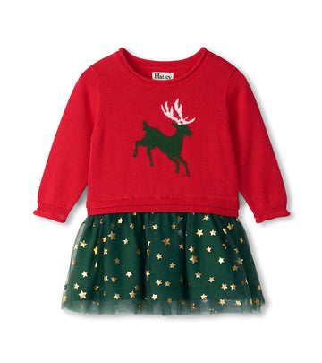 Holiday Reindeer Drop Waist Baby Sweater Knit Dress