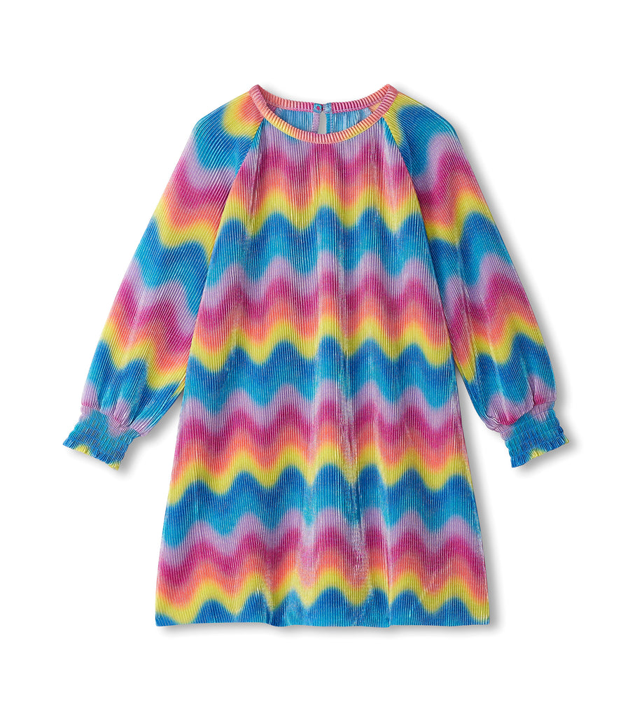 Girls Rainbow Wave Pleated A-Line Long Sleeve Dress